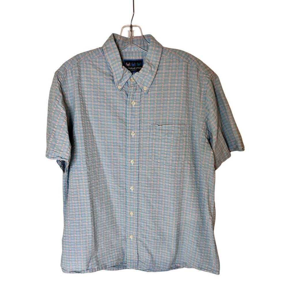 Charleston Threads Blue Seersucker Button Down Men's XL Short Sleeve Shirt